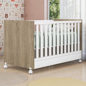 Berço Mini Cama Doce Sonho Carvalho/Branco com Rodízios e Colchão Baby Physical - Qmovi 