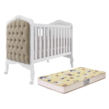 Berço Mini Cama Harmonia Branco com Capitonê e Colchão Supreme - Permóbili Baby