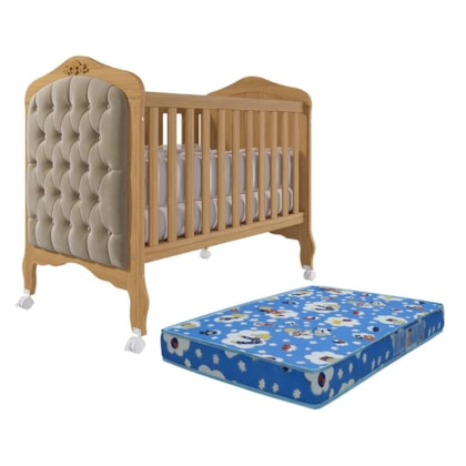 Berço Mini Cama Harmonia Nature/Branco com Capitonê e Colchão Physical - Permóbili Baby