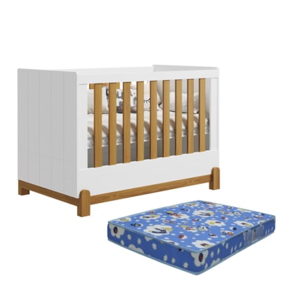 Berço Mini Cama Lotus Frisado Branco Fosco/Savana com Colchão Baby Physical - Reller Móveis