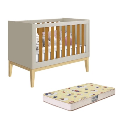 Berço Mini Cama Noah Classic Areia/Savana Pés Madeira Natural com Colchão Supreme - Reller Móveis