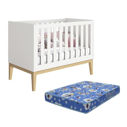 Berço Mini Cama Noah Classic Branco Fosco Pés Madeira Natural com Colchão Baby Physical - Reller Móveis