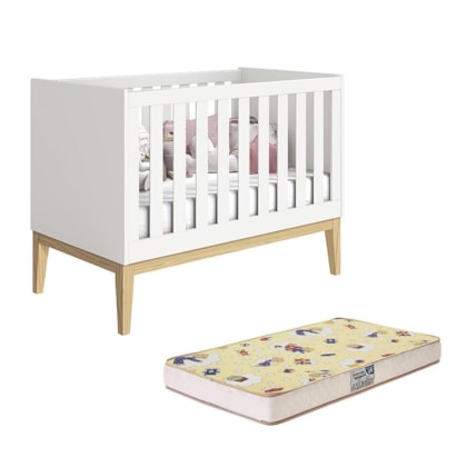 Berço Mini Cama Noah Classic Branco Fosco Pés Madeira Natural com Colchão Supreme - Reller Móveis