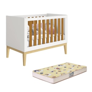 Berço Mini Cama Noah Classic Branco/Savana Pés Madeira Natural com Colchão Supreme - Reller Móveis