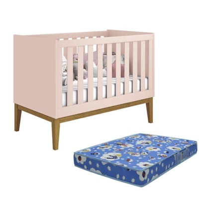 Berço Mini Cama Noah Classic Rosa Fosco Pés Amadeirado com Colchão Baby Physical - Reller Móveis