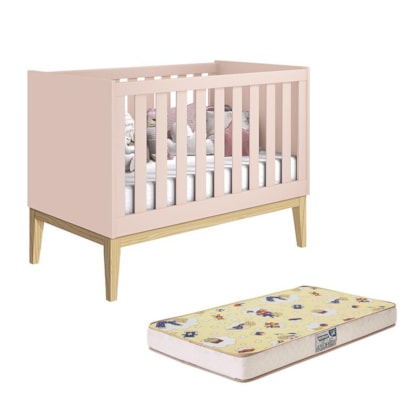 Berço Mini Cama Noah Classic Rosa Fosco Pés Madeira Natural com Colchão Supreme - Reller Móveis