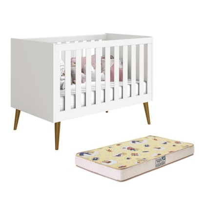 Berço Mini Cama Noah Retrô Branco Fosco com Pés Amadeirado e Colchão Supreme - Reller Móveis