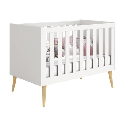 Berço Mini Cama Noah Retrô Branco Fosco com Pés Madeira Natural - Reller Móveis