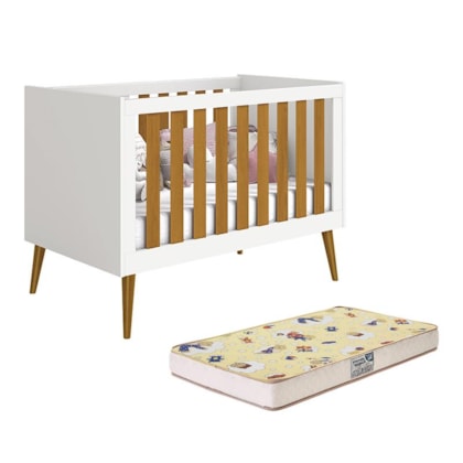 Berço Mini Cama Noah Retrô Branco/Savana com Pés Amadeirado e Colchão Supreme - Reller Móveis