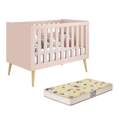 Berço Mini Cama Noah Retrô Rosa Fosco com Pés Madeira Natural e Colchão Supreme - Reller Móveis