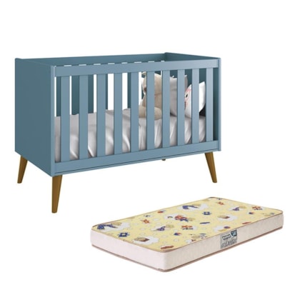 Berço Mini Cama Theo Retrô Azul Fosco com Pés Amadeirado e Colchão D18 - Reller Móveis