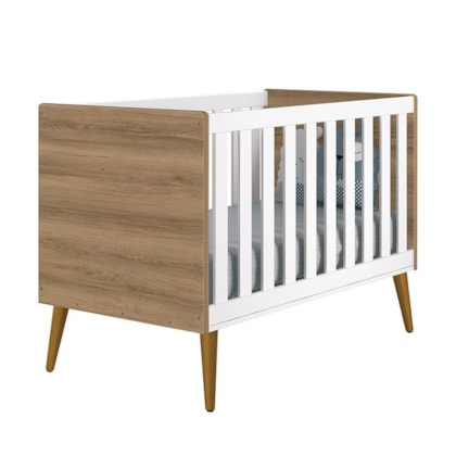 Berço Mini Cama Theo Retrô Branco Fosco/Mezzo com Pés Amadeirado - Reller Móveis