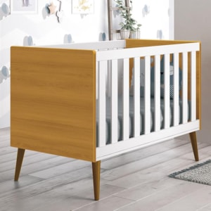 Berço Mini Cama Theo Retrô Branco/Savana com Pés Amadeirado e Colchão D18 - Reller Móveis