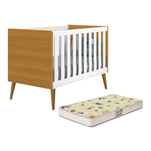 Berço Mini Cama Theo Retrô Branco/Savana com Pés Amadeirado e Colchão D18 - Reller Móveis