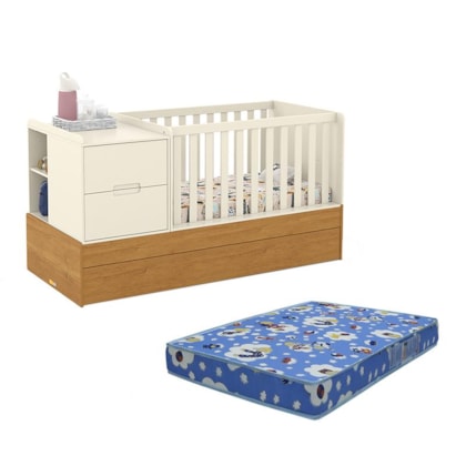 Berço Multifuncional Formare com Cama Auxiliar Off White/Freijó e Colchão Baby Physical - Matic Móveis 