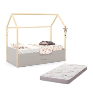 Cama Infantil Kids Liv com Auxiliar New Cinza/Natural e 2 Colchões Supreme D20 - Matic Móveis 