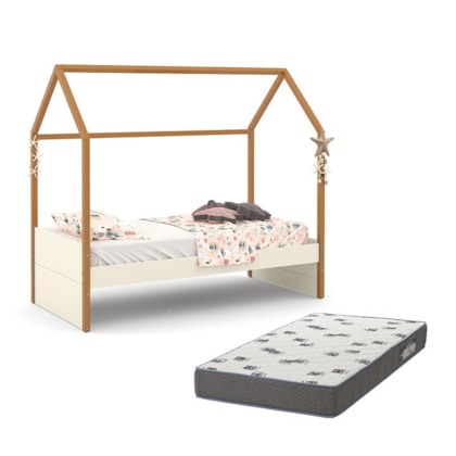 Cama Infantil Kids Liv Off White/Freijó com Colchão Light D33 - Matic Móveis