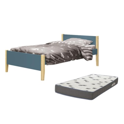 Cama Solteiro Simba Azul Fosco Pés Madeira Natural com Colchão D33 - Reller Móveis 