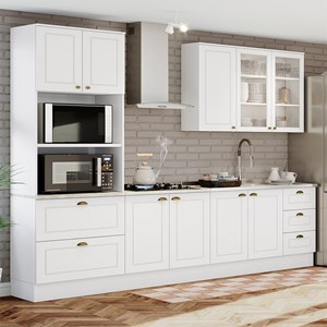 Cozinha Completa Americana 4 Peças Branco com Torre Quente e Aéreo Vidro - Móveis Henn 