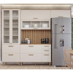 Cozinha Modulada Bella 5 Peças com Cristaleira e Painel Ripado Off White/Freijó - MGM 