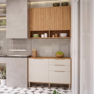 Cozinha Modulada Divina 2 Peças com Armário Aéreo e Balcão 120cm Freijó/Off White - MGM