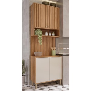 Cozinha Modulada Divina 3 Peças com Armário Aéreo, Balcão 80cm e Painel Ripado Freijó/Off White - MGM