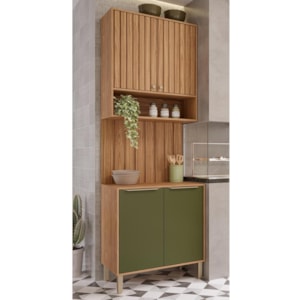 Cozinha Modulada Divina 3 Peças com Armário Aéreo, Balcão 80cm e Painel Ripado Freijó/Verde - MGM