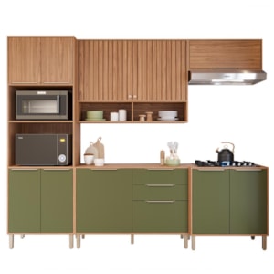 Cozinha Modulada Divina 5 Peças com Torre Quente 2 Fornos e Balcão Cooktop 80cm Freijó/Verde - MGM