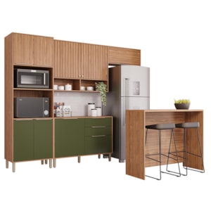 Cozinha Modulada Divina 5 Peças com Torre Quente 2 Fornos e Ilha Gourmet Freijó/Verde - MGM