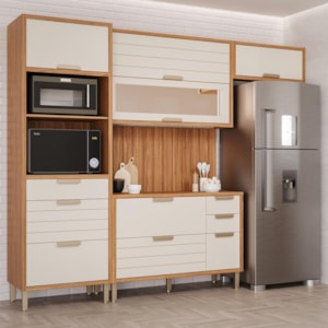 Cozinha Modulada Eloise 5 Peças com Torre Quente 2 Fornos e Painel Ripado Freijó/Off White - MGM