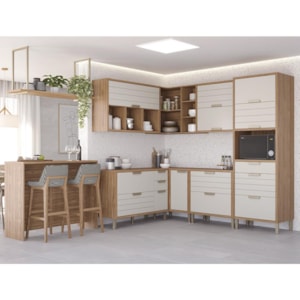 Cozinha Modulada Eloise 9 Peças com Ilha Gourmet e Prateleira Suspensa Freijó/Off White - MGM