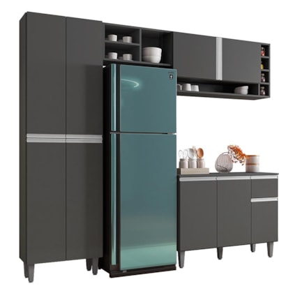 Cozinha Modulada Vanessa 230cm Paneleiro, Balcão com Tampo MDP e Aéreo Cinza - AJL Móveis