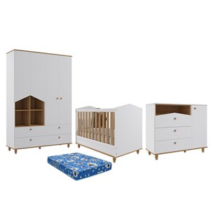 Dormitório Casinha Guarda Roupa, Cômoda 1 Porta e Berço Mimo Branco/Nature com Colchão Physical - Permóbili Baby