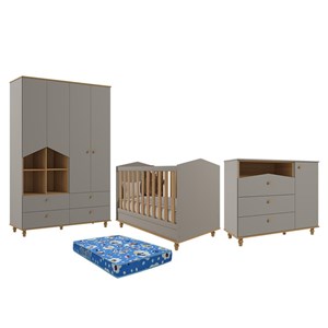Dormitório Casinha Guarda Roupa, Cômoda 1 Porta e Berço Mimo Fendi/Nature com Colchão Physical - Permóbili Baby