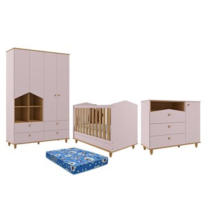Dormitório Casinha Guarda Roupa, Cômoda 1 Porta e Berço Mimo Rosê/Nature com Colchão Physical - Permóbili Baby