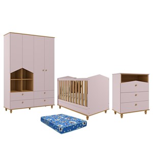 Dormitório Casinha Guarda Roupa, Cômoda 3 Gavetas e Berço Mimo Rosê/Nature com Colchão Physical - Permóbili Baby