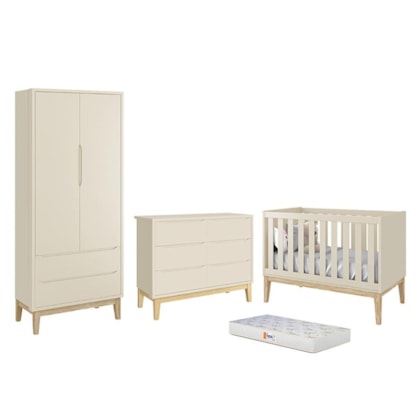 Dormitório Completo Infantil Classic 2 Portas, Cômoda 6 Gavetas, Berço Areia Fosco com Pés Madeira Natural e Colchão D18 - Reller Móveis