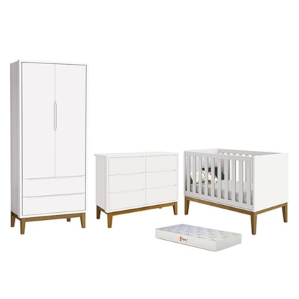 Dormitório Completo Infantil Classic 2 Portas, Cômoda 6 Gavetas, Berço Branco Fosco com Pés Amadeirado e Colchão D18 - Reller Móveis