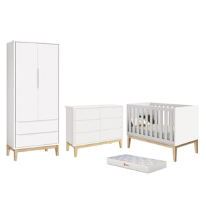 Dormitório Completo Infantil Classic 2 Portas, Cômoda 6 Gavetas, Berço Branco Fosco com Pés Madeira Natural e Colchão D18 - Reller Móveis