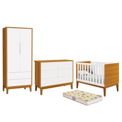 Dormitório Completo Infantil Classic 2 Portas, Cômoda 6 Gavetas, Berço Branco/Savana com Pés Amadeirado e Colchão D18 - Reller Móveis