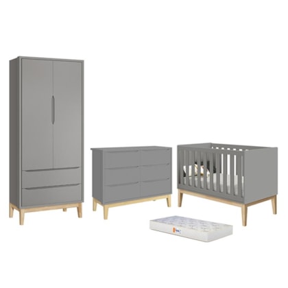 Dormitório Completo Infantil Classic 2 Portas, Cômoda 6 Gavetas, Berço Cinza Fosco com Pés Madeira Natural e Colchão D18 - Reller Móveis