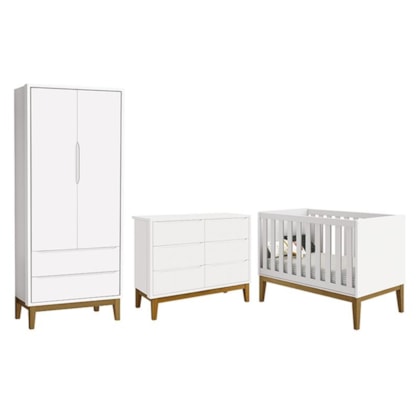 Dormitório Completo Infantil Classic 2 Portas, Cômoda 6 Gavetas e Berço Branco Fosco com Pés Amadeirado - Reller Móveis