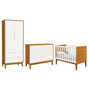 Dormitório Completo Infantil Classic 2 Portas, Cômoda 6 Gavetas e Berço Branco/Savana com Pés Amadeirado - Reller Móveis