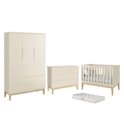 Dormitório Completo Infantil Classic 3 Portas, Cômoda 6 Gavetas, Berço Areia Fosco com Pés Madeira Natural e Colchão D18 - Reller Móveis 