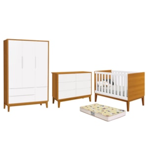 Dormitório Completo Infantil Classic 3 Portas, Cômoda 6 Gavetas, Berço Branco/Savana com Pés Amadeirado e Colchão D18 - Reller Móveis