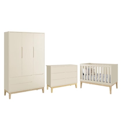 Dormitório Completo Infantil Classic 3 Portas, Cômoda 6 Gavetas e Berço Areia Fosco com Pés Madeira Natural - Reller Móveis