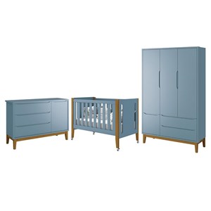 Dormitório Completo Infantil Classic 3 Portas, Cômoda e Berço Tom Azul Fosco com Pés Amadeirado - Reller Móveis