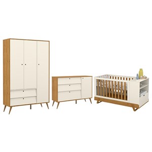Dormitório Completo Infantil Gold 3 Portas, Cômoda com Porta e Berço Multifuncional BKids Off White/Freijó - Matic Móveis 