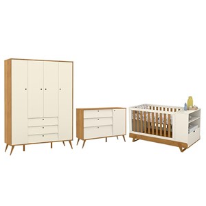 Dormitório Completo Infantil Gold 4 Portas, Cômoda com Porta e Berço Multifuncional BKids Off White/Freijó - Matic Móveis 