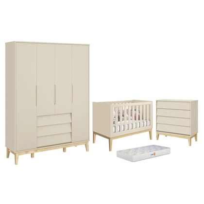 Dormitório Completo Infantil Noah Classic 4 Portas, Cômoda 4 Gavetas, Berço Areia Fosco com Pés Madeira Natural e Colchão - Reller Móveis